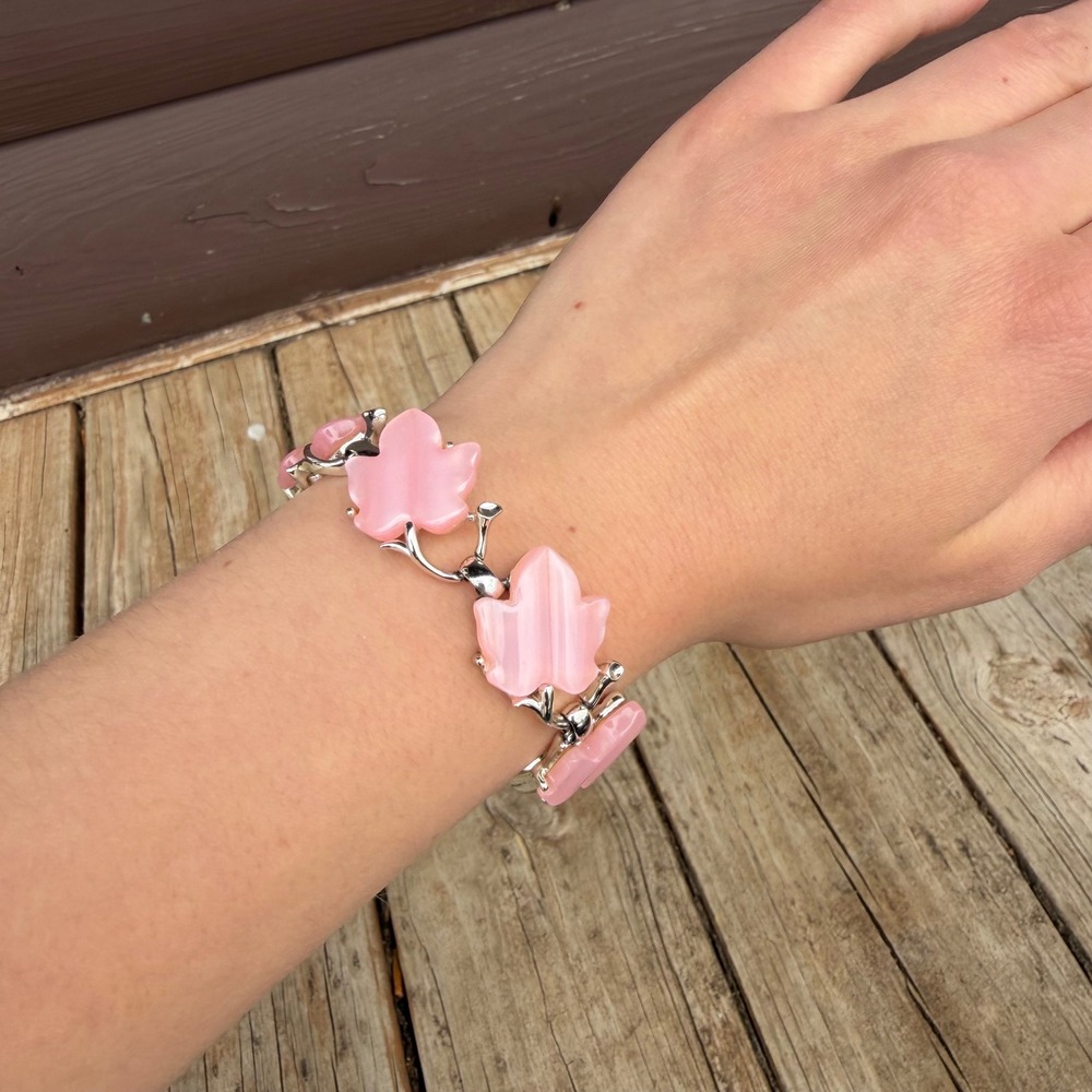 Star Leaf Link Bracelet Womens Pink Silver Tone Vintage Thermoset Plastic‎ 7.5in